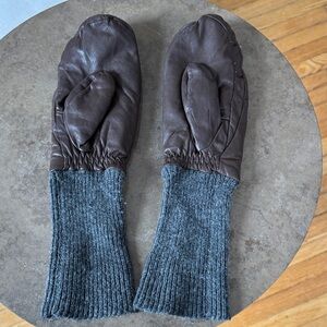 Brown Leather Mittens with Gray Knit Cuffs